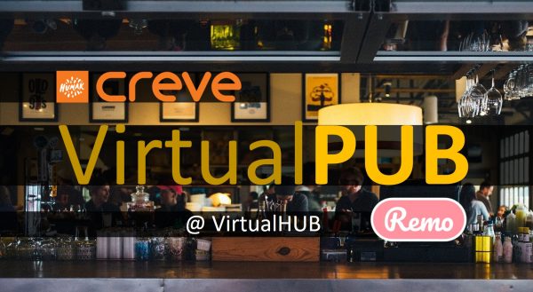 A header image for Creve's Virtual PUB. Text superimposed on a background picture of a restaurant.