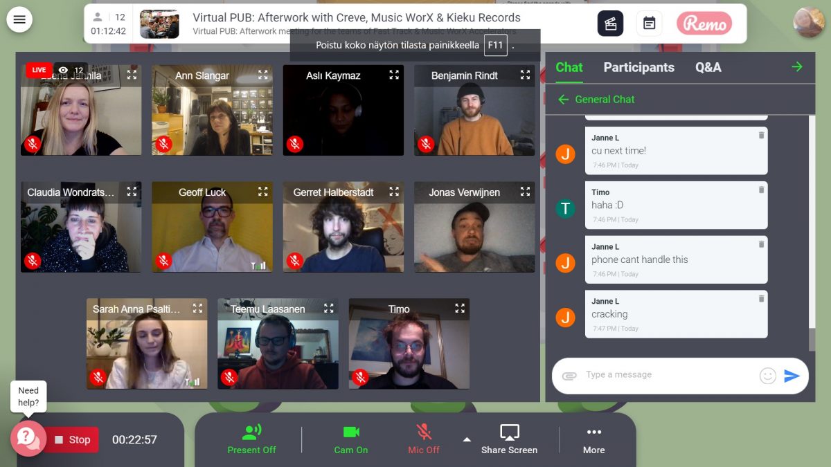 A screen shot of a Virtual PUB event featuring multiple people using remote video communications.