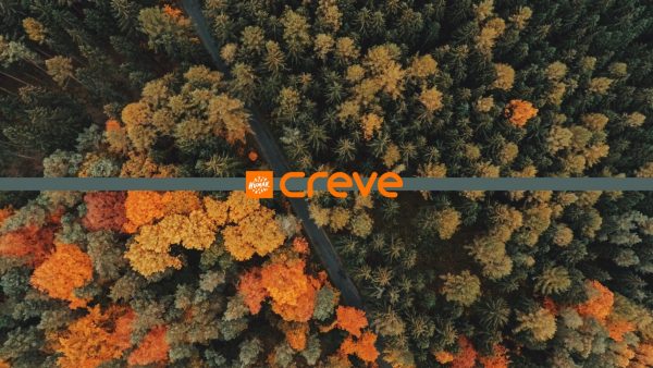A picture of an autumnal forest viewed from above. A textual Creve logo superimposed in the middle of the image.
