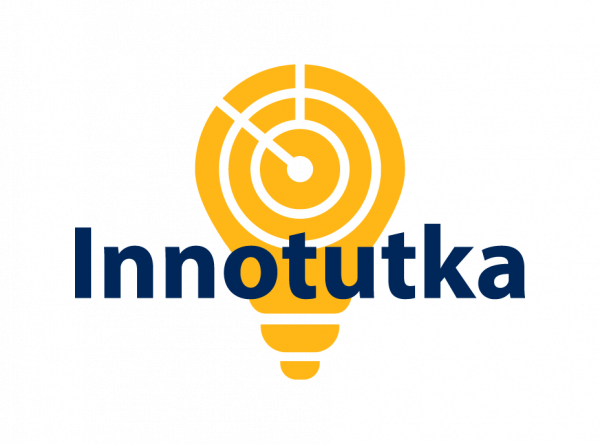 Innotutka-hankkeen logo. Keltainen hahkulampun muotoinen tutkataulu, päällä tummansinisellä teksti Innotutka.