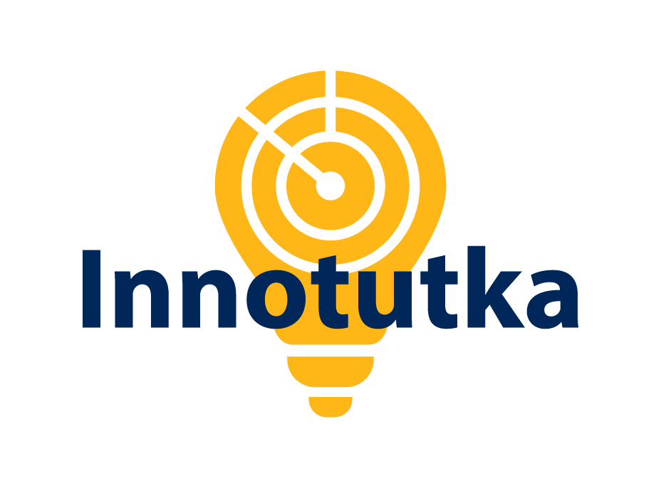 Innotutka-hankkeen logo. Keltainen hahkulampun muotoinen tutkataulu, päällä tummansinisellä teksti Innotutka.